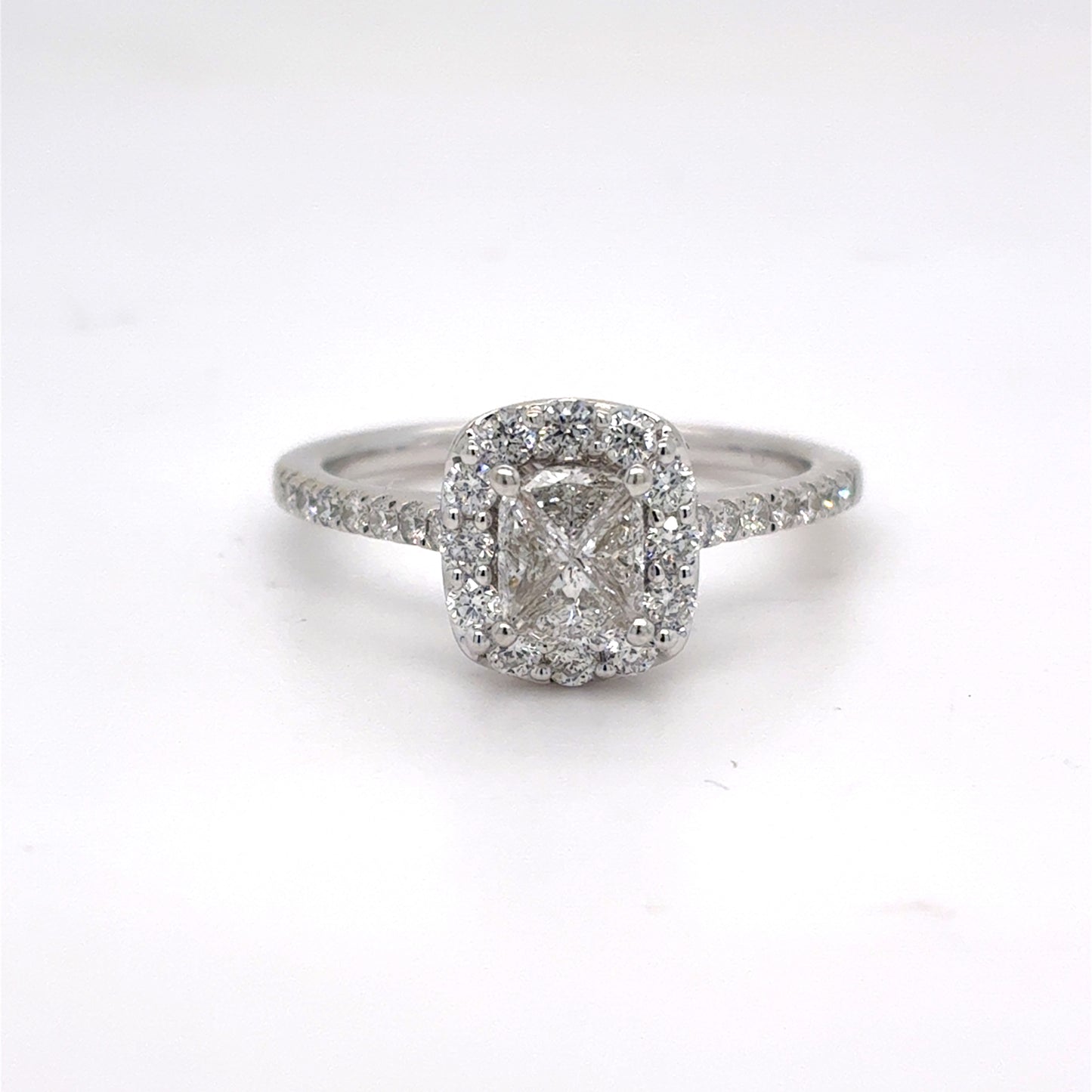 14K White Gold Natural Diamond Cushion Cut Halo Engagement Ring | Cushion, Trilliant & Round 0.75 TCW, H SI1, Size 6.5