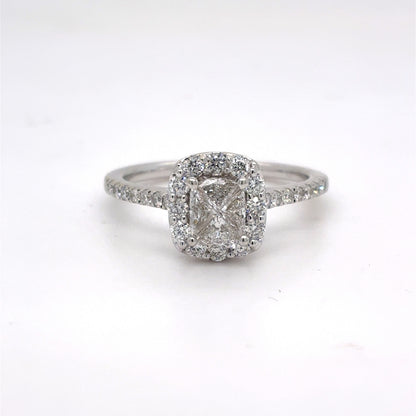 14K White Gold Natural Diamond Cushion Cut Halo Engagement Ring | Cushion, Trilliant & Round 0.75 TCW, H SI1, Size 6.5