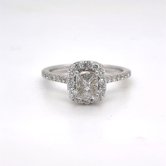 14K White Gold Natural Diamond Cushion Cut Halo Engagement Ring | Cushion, Trilliant & Round 0.75 TCW, H SI1, Size 6.5