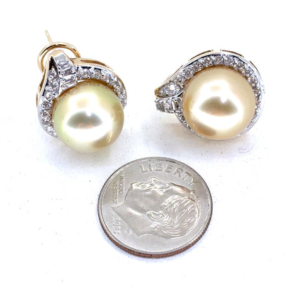 14K Yellow Gold Cultured South Sea Pearl & Diamond Halo Earrings | Round & Baguette 0.85 TCW, G-I SI