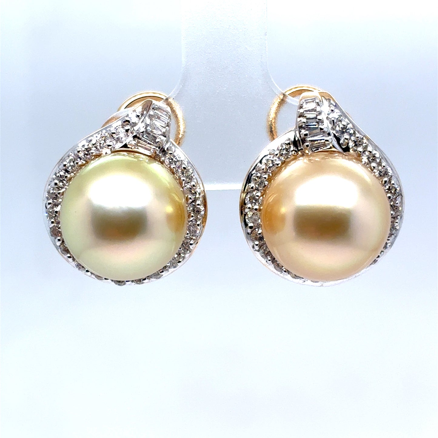 14K Yellow Gold Cultured South Sea Pearl & Diamond Halo Earrings | Round & Baguette 0.85 TCW, G-I SI