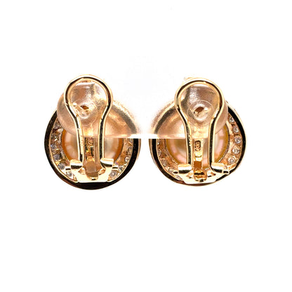 14K Yellow Gold Cultured South Sea Pearl & Diamond Halo Earrings | Round & Baguette 0.85 TCW, G-I SI