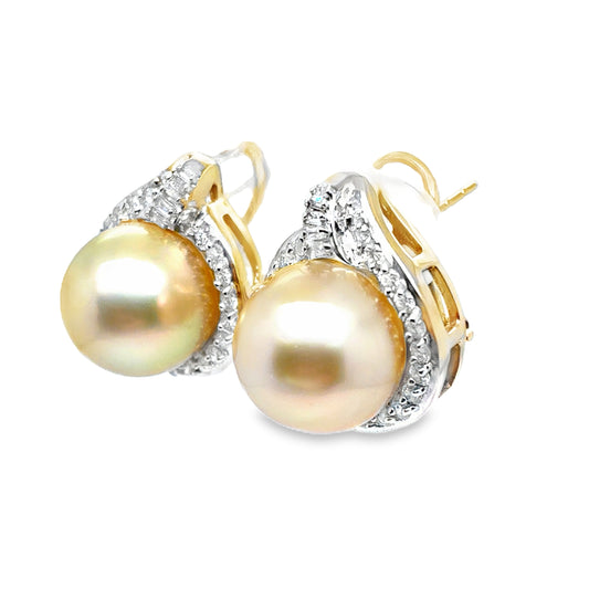 14K Yellow Gold Cultured South Sea Pearl & Diamond Halo Earrings | Round & Baguette 0.85 TCW, G-I SI