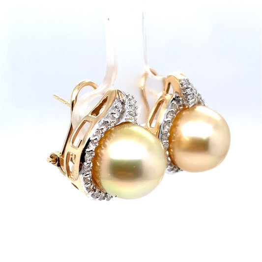 14K Yellow Gold Cultured South Sea Pearl & Diamond Halo Earrings | Round & Baguette 0.85 TCW, G-I SI