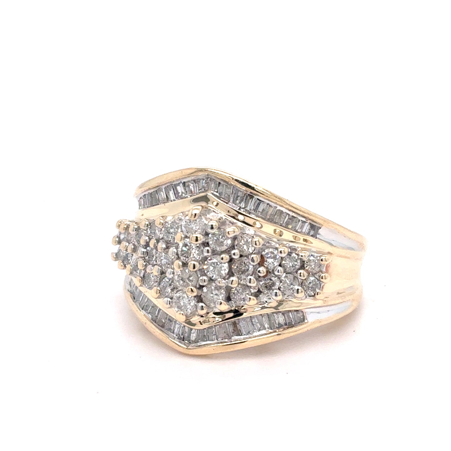 10K Yellow Gold Natural Diamond Cluster Ring | Round & Baguette 1.04 TCW, G-H I1-I2, Size 5