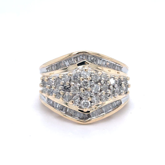 10K Yellow Gold Natural Diamond Cluster Ring | Round & Baguette 1.04 TCW, G-H I1-I2, Size 5