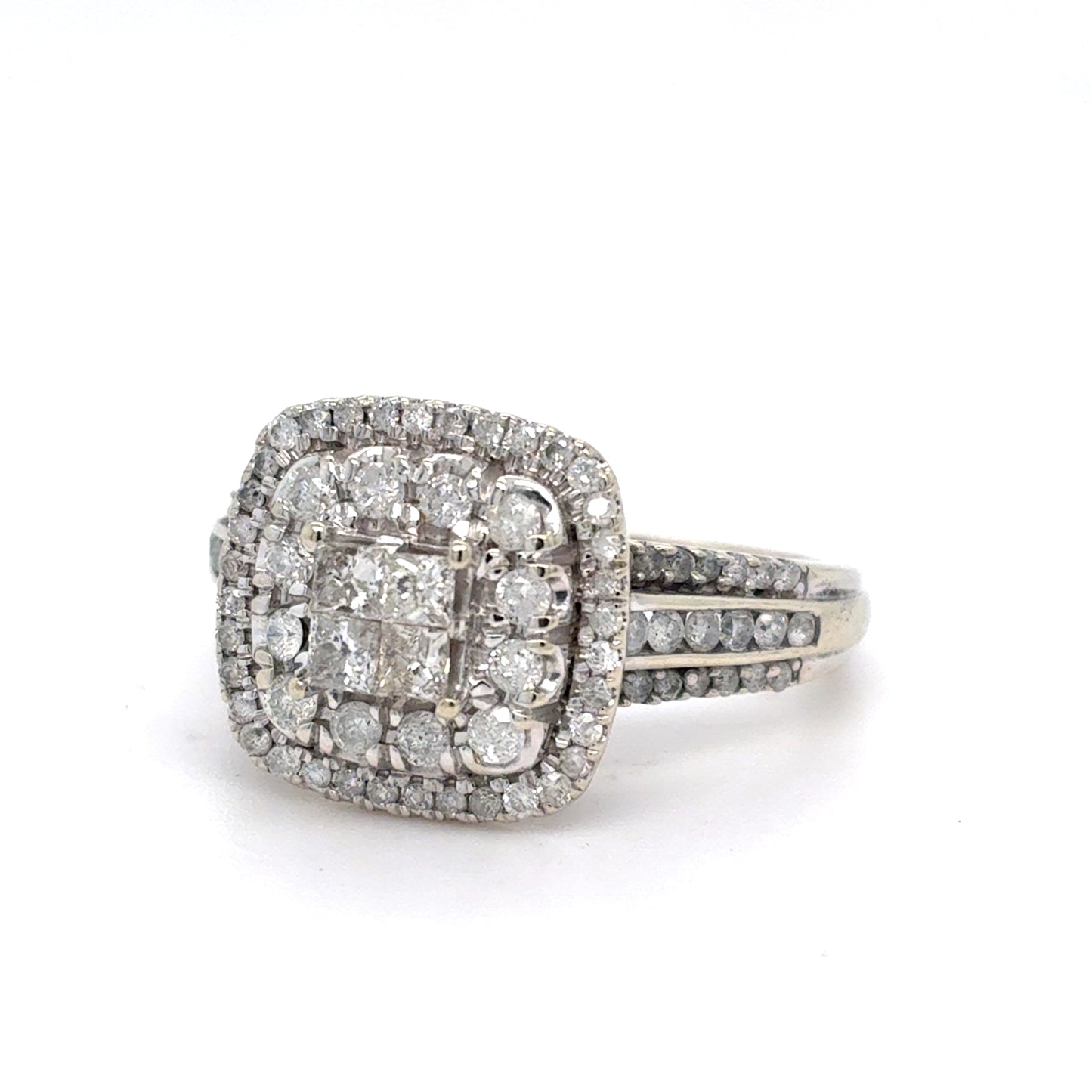 10K White Gold Natural Diamond Square Cluster Double Halo Ring | Princess & Round 0.83 TCW, I I2, Size 7.25