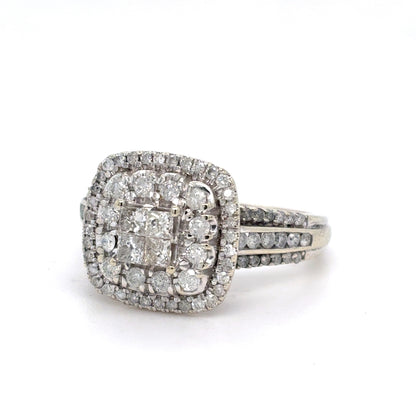 10K White Gold Natural Diamond Square Cluster Double Halo Ring | Princess & Round 0.83 TCW, I I2, Size 7.25