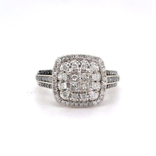 10K White Gold Natural Diamond Square Cluster Double Halo Ring | Princess & Round 0.83 TCW, I I2, Size 7.25