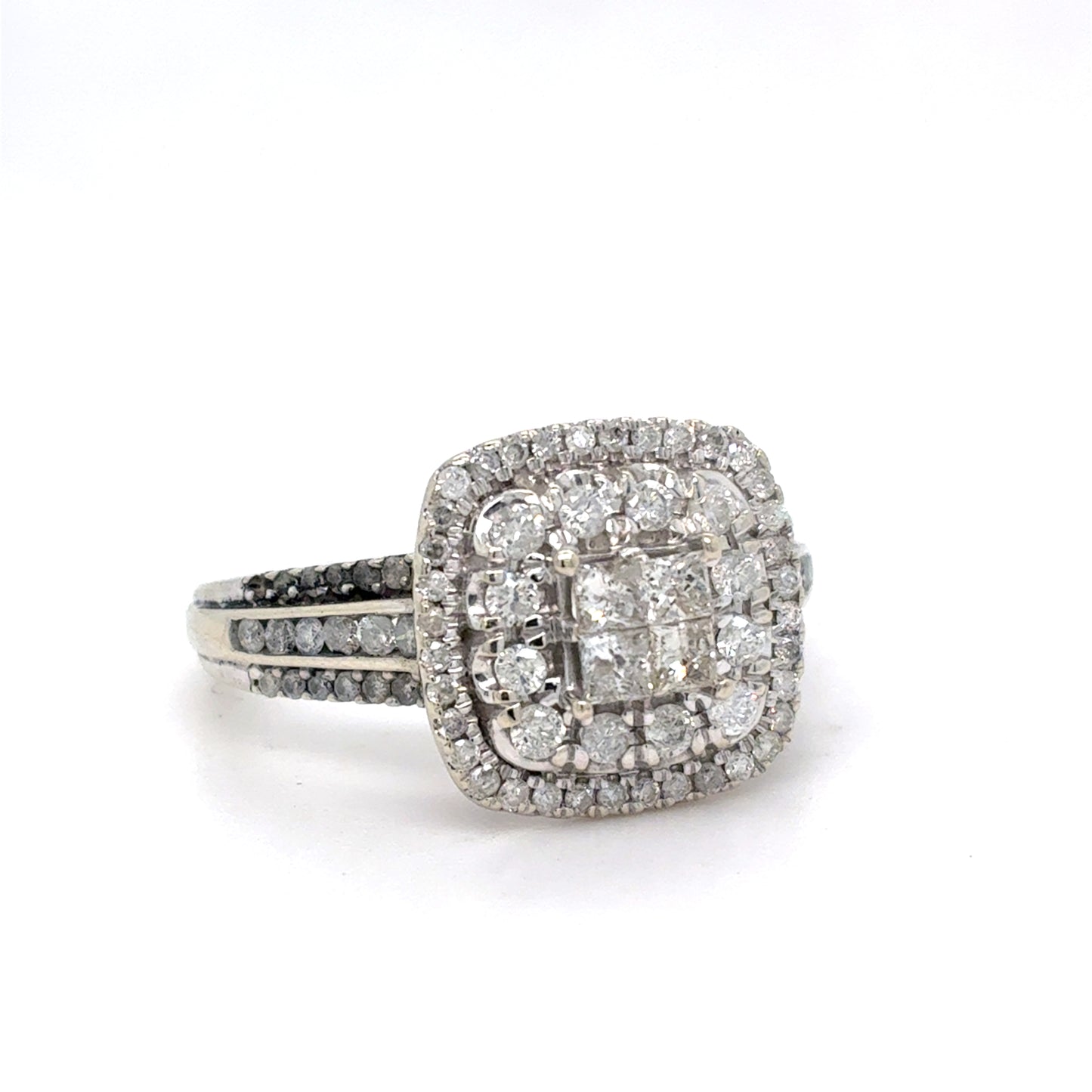 10K White Gold Natural Diamond Square Cluster Double Halo Ring | Princess & Round 0.83 TCW, I I2, Size 7.25