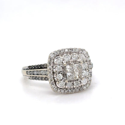 10K White Gold Natural Diamond Square Cluster Double Halo Ring | Princess & Round 0.83 TCW, I I2, Size 7.25