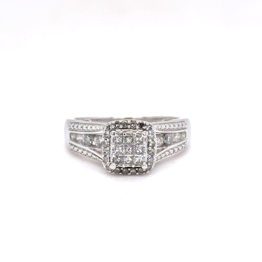 10K White Gold Natural Diamond Princess-Cut Cluster Halo Ring | Princess, Round & Single Cut 0.57 TCW, H-I SI2-I1, Size 7