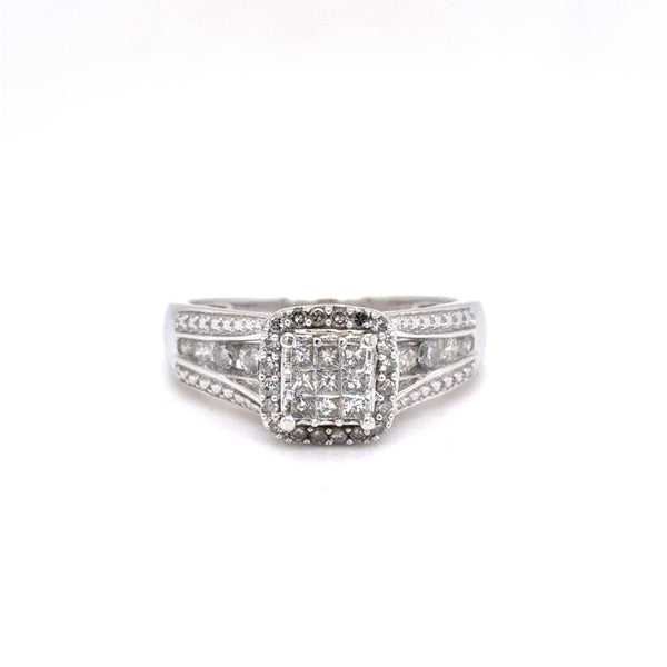 10K White Gold Natural Diamond Princess-Cut Cluster Halo Ring | Princess, Round & Single Cut 0.57 TCW, H-I SI2-I1, Size 7