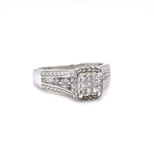10K White Gold Natural Diamond Princess-Cut Cluster Halo Ring | Princess, Round & Single Cut 0.57 TCW, H-I SI2-I1, Size 7
