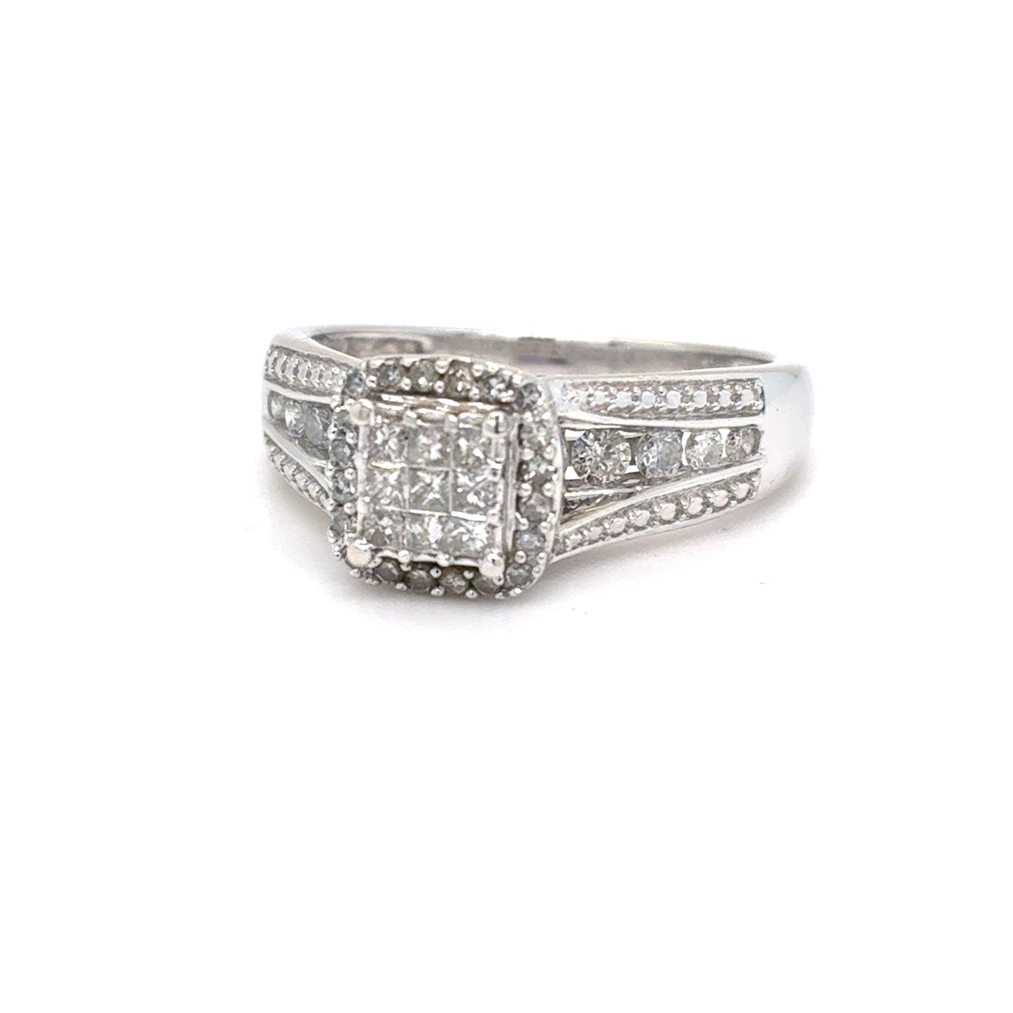 10K White Gold Natural Diamond Princess-Cut Cluster Halo Ring | Princess, Round & Single Cut 0.57 TCW, H-I SI2-I1, Size 7