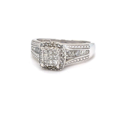 10K White Gold Natural Diamond Princess-Cut Cluster Halo Ring | Princess, Round & Single Cut 0.57 TCW, H-I SI2-I1, Size 7