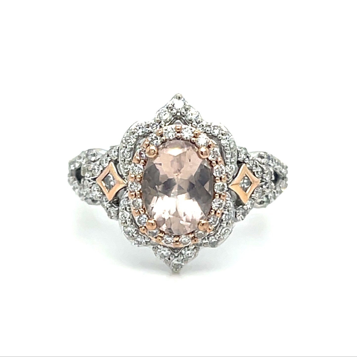 14K two tone Enchanted Disney Aurora ring | Oval Morganite and Diamonds, .75TCW 5 grams, Size 5.5