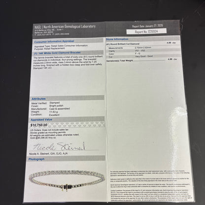 14K White Gold Natural Diamond Tennis Bracelet | Round 4.88 TCW, F-G VS1-VS2, 7.25 inch