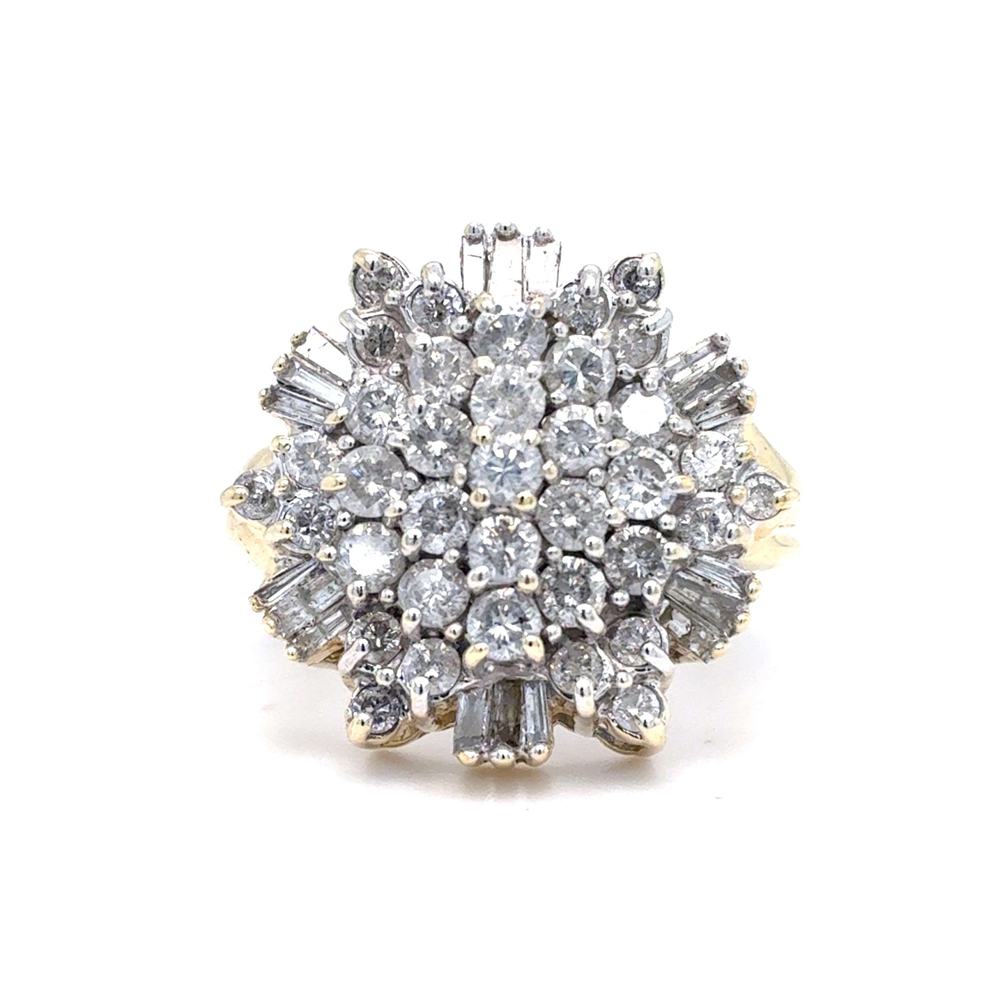 14K Yellow Gold Natural Diamond Cluster Ring | Round & Baguette 1.78 TCW, I I1-I2, Size 7