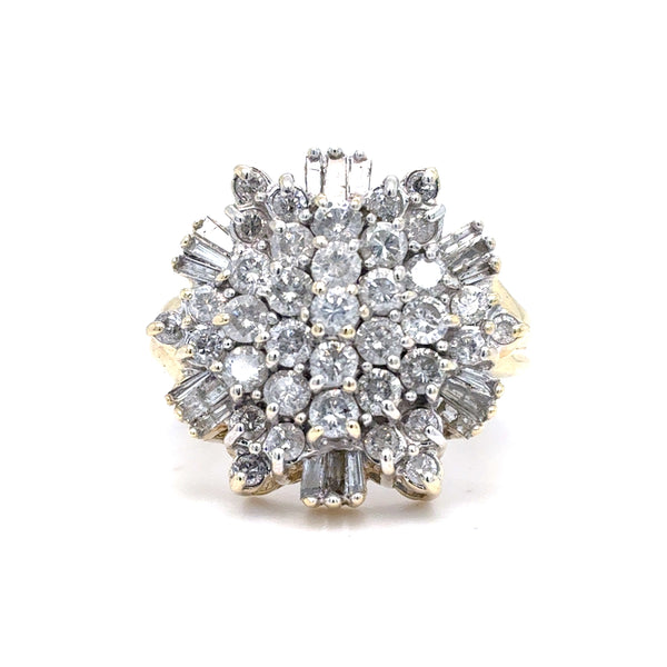 14K Yellow Gold Natural Diamond Cluster Ring | Round & Baguette 1.78 TCW, I I1-I2, Size 7