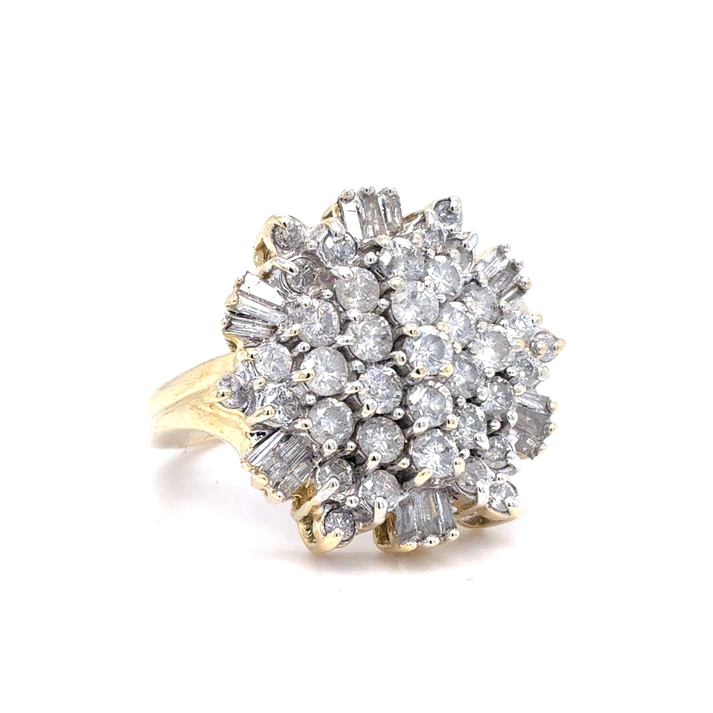 14K Yellow Gold Natural Diamond Cluster Ring | Round & Baguette 1.78 TCW, I I1-I2, Size 7