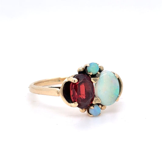 10K Yellow Gold Natural Garnet & Opal Art Deco Toi et Moi Ring | Oval & Round 2.05 TCW, Size 6.5