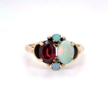 10K Yellow Gold Natural Garnet & Opal Art Deco Toi et Moi Ring | Oval & Round 2.05 TCW, Size 6.5