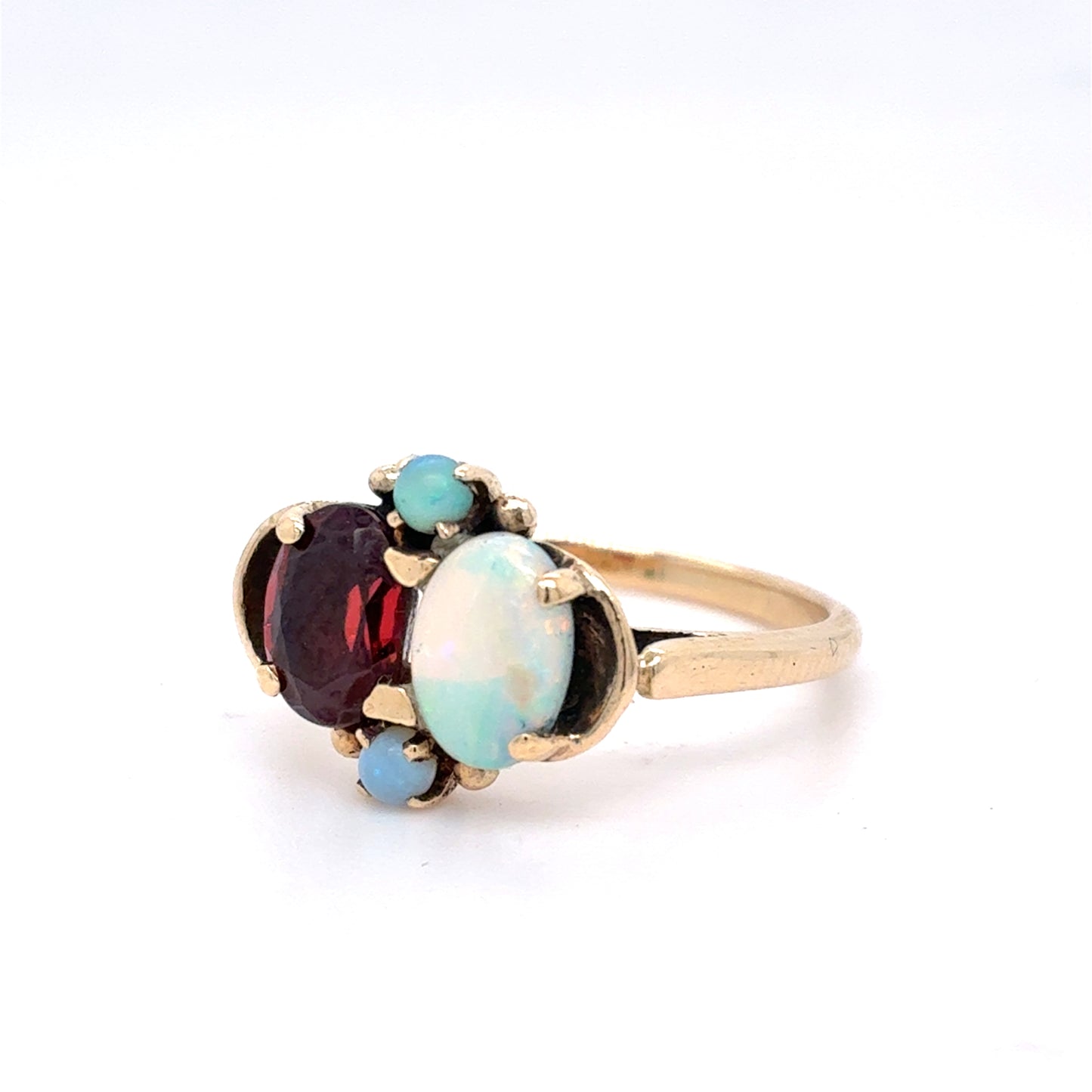 10K Yellow Gold Natural Garnet & Opal Art Deco Toi et Moi Ring | Oval & Round 2.05 TCW, Size 6.5