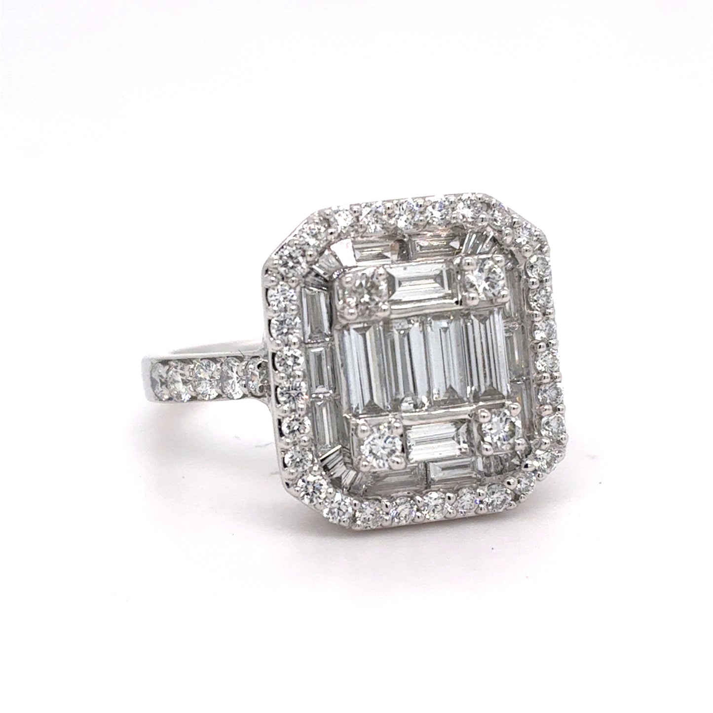 14K White Gold Lab-Grown Diamond Rectangular Cluster Ring | Baguette, Tapered Baguette & Round 1.60 TCW, E-F VVS2-VS1, Size 8