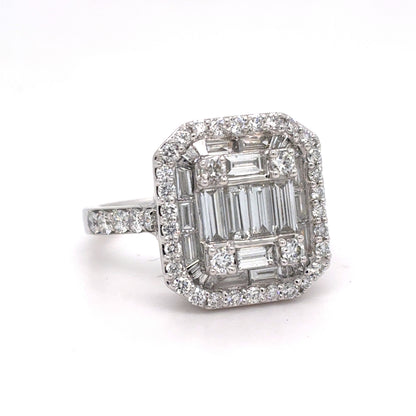 14K White Gold Lab-Grown Diamond Rectangular Cluster Ring | Baguette, Tapered Baguette & Round 1.60 TCW, E-F VVS2-VS1, Size 8