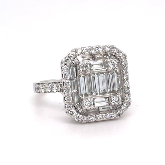 14K White Gold Lab-Grown Diamond Rectangular Cluster Ring | Baguette, Tapered Baguette & Round 1.60 TCW, E-F VVS2-VS1, Size 8