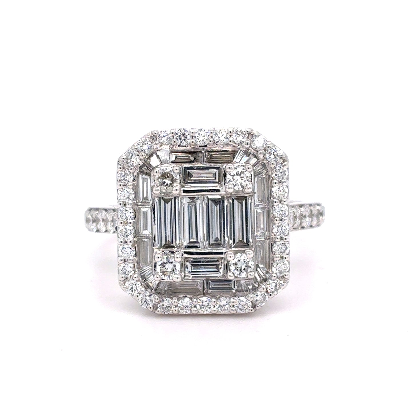 14K White Gold Lab-Grown Diamond Rectangular Cluster Ring | Baguette, Tapered Baguette & Round 1.60 TCW, E-F VVS2-VS1, Size 8
