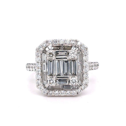 14K White Gold Lab-Grown Diamond Rectangular Cluster Ring | Baguette, Tapered Baguette & Round 1.60 TCW, E-F VVS2-VS1, Size 8