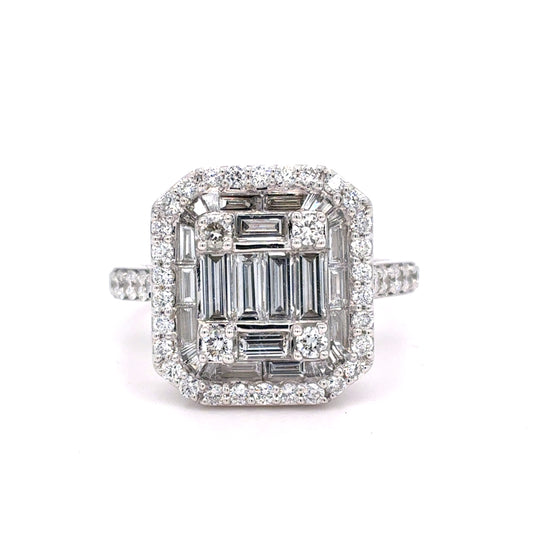 14K White Gold Lab-Grown Diamond Rectangular Cluster Ring | Baguette, Tapered Baguette & Round 1.60 TCW, E-F VVS2-VS1, Size 8