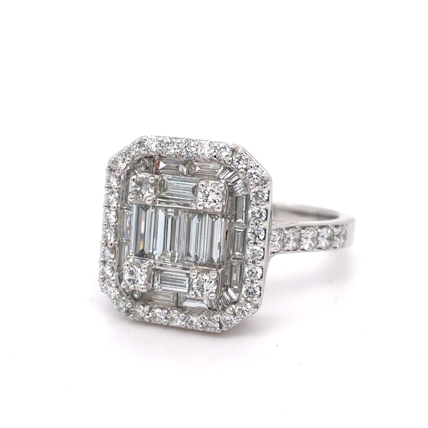 14K White Gold Lab-Grown Diamond Rectangular Cluster Ring | Baguette, Tapered Baguette & Round 1.60 TCW, E-F VVS2-VS1, Size 8