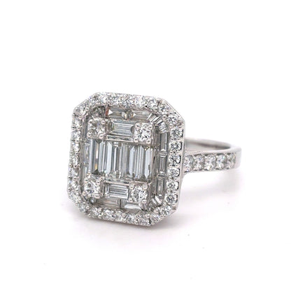 14K White Gold Lab-Grown Diamond Rectangular Cluster Ring | Baguette, Tapered Baguette & Round 1.60 TCW, E-F VVS2-VS1, Size 8