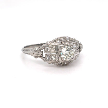 Platinum Natural Diamond Art Deco Ring | Round Brilliant & Single Cut 0.47 TCW, G-J VS1-VVS2, Size 6