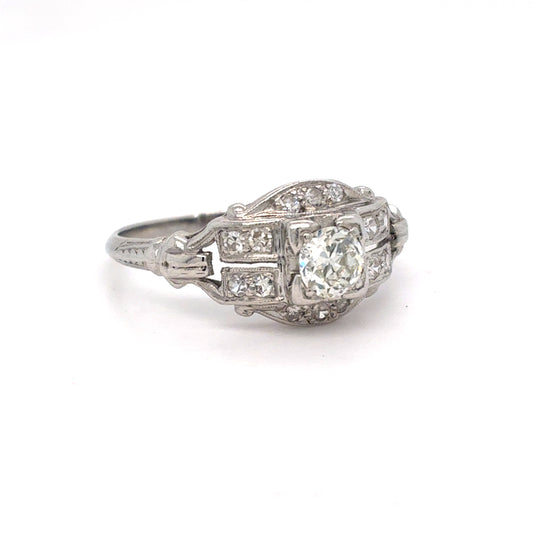 Platinum Natural Diamond Art Deco Ring | Round Brilliant & Single Cut 0.47 TCW, G-J VS1-VVS2, Size 6