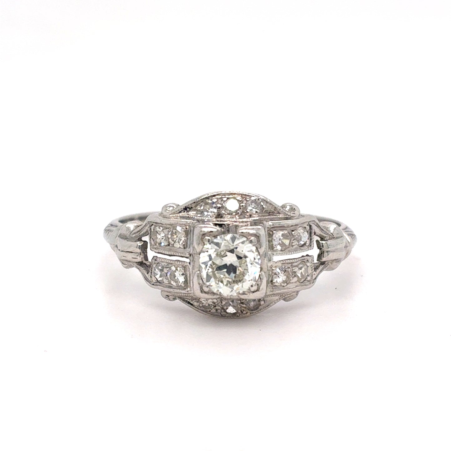 Platinum Natural Diamond Art Deco Ring | Round Brilliant & Single Cut 0.47 TCW, G-J VS1-VVS2, Size 6