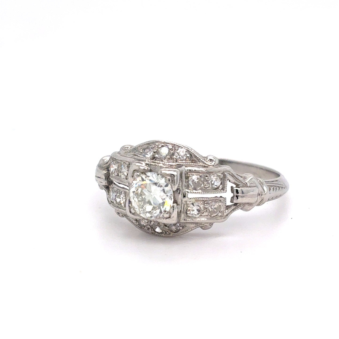 Platinum Natural Diamond Art Deco Ring | Round Brilliant & Single Cut 0.47 TCW, G-J VS1-VVS2, Size 6