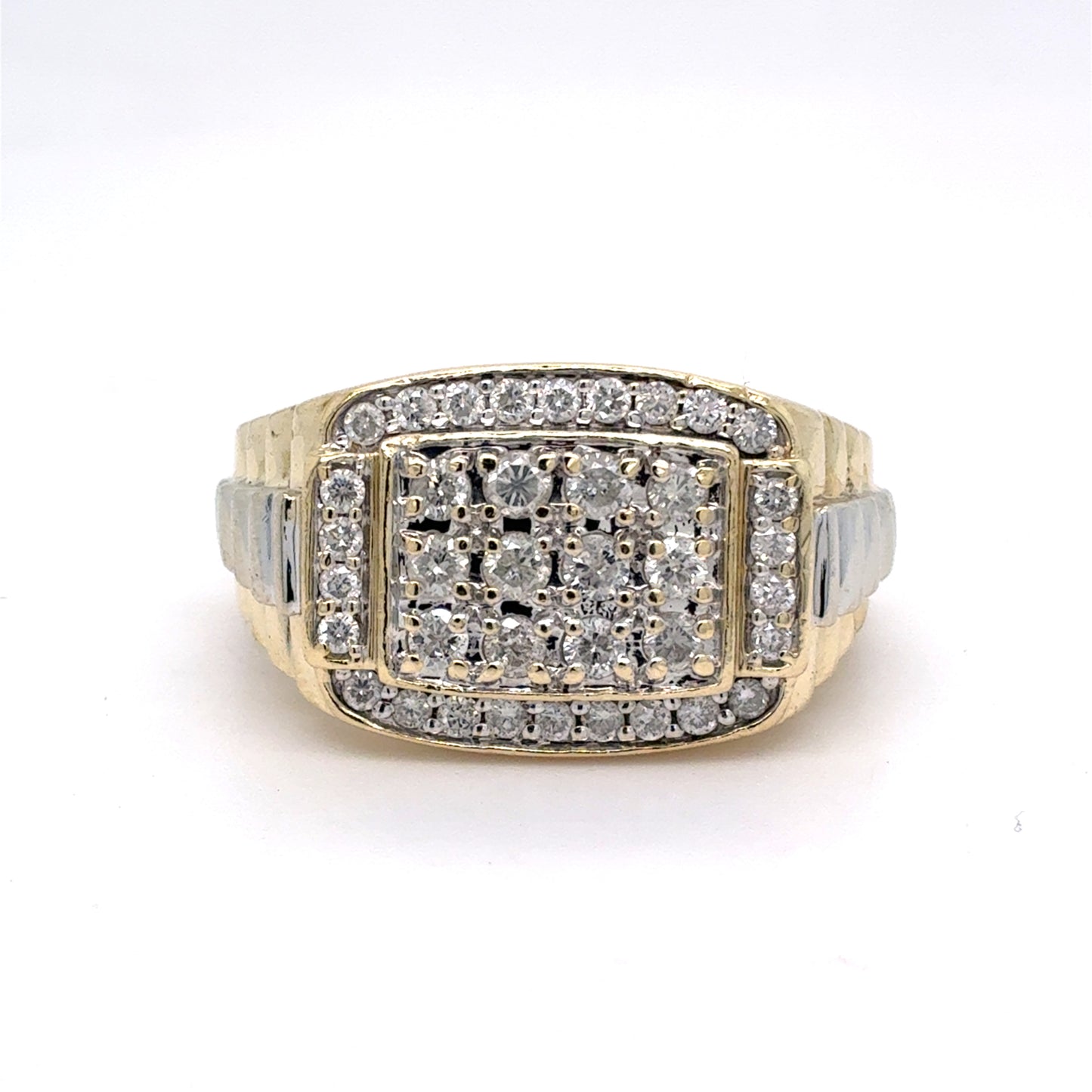 10K White & Yellow Gold Natural Diamond Men's Rolex Cluster Ring | Round 0.98 TCW, H-I I1-I2, Size 10.25
