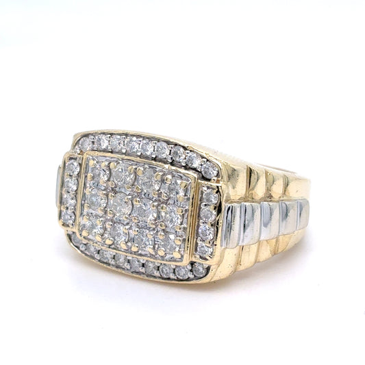 10K White & Yellow Gold Natural Diamond Men's Rolex Cluster Ring | Round 0.98 TCW, H-I I1-I2, Size 10.25