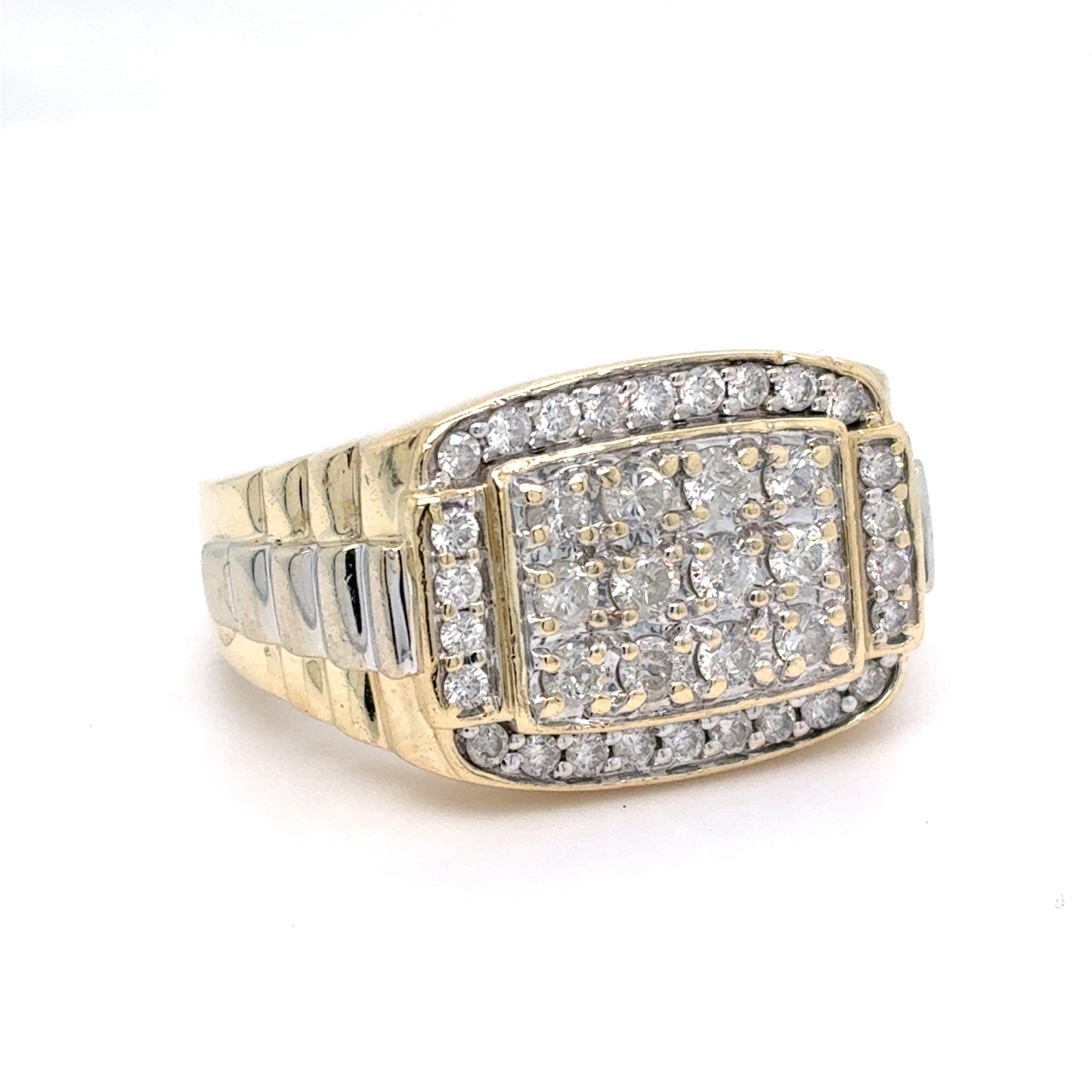 10K White & Yellow Gold Natural Diamond Men's Rolex Cluster Ring | Round 0.98 TCW, H-I I1-I2, Size 10.25