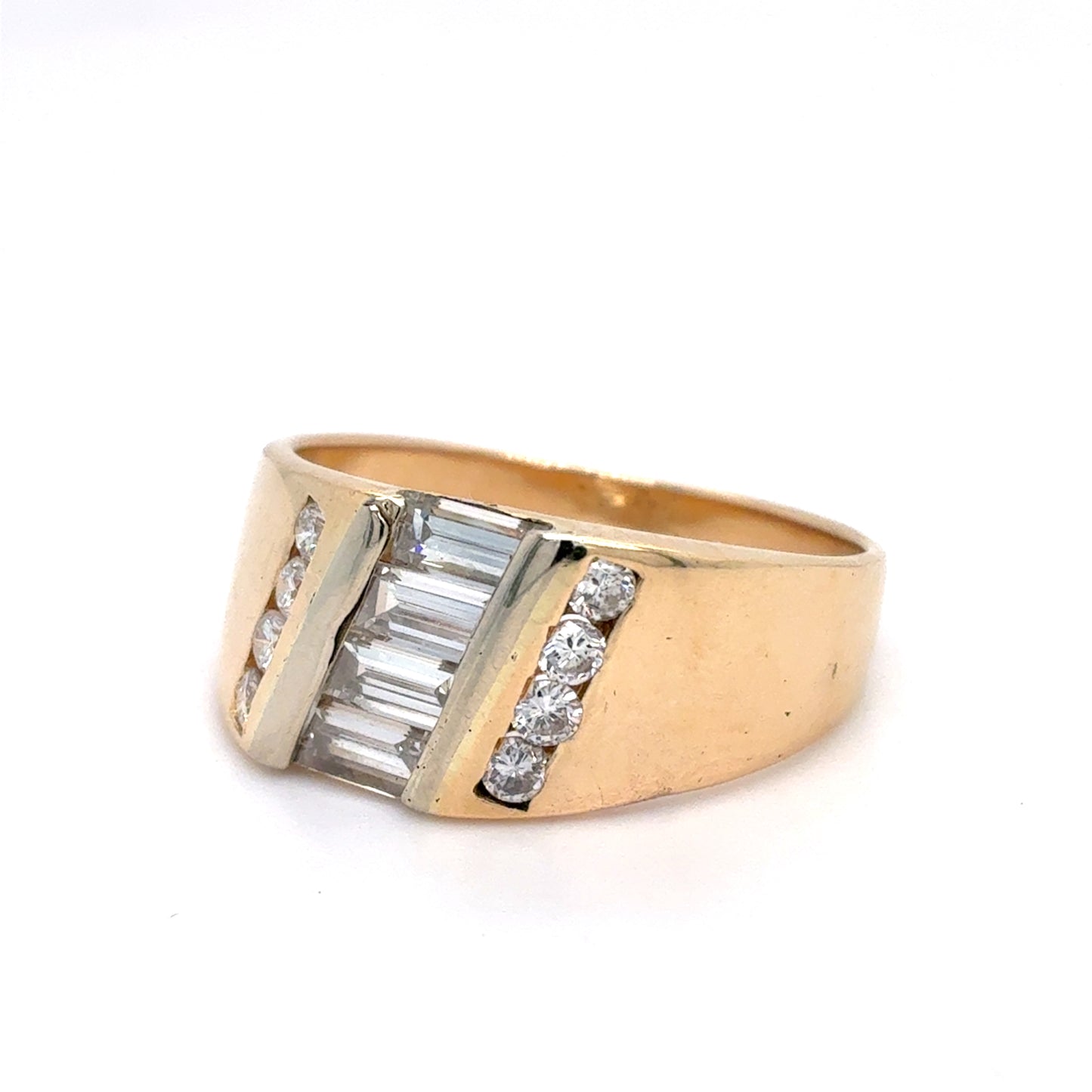 14K Yellow Gold Natural Diamond Two-Tone Channel Set Men's Ring | Round & Baguette 1.14 TCW, G VS1-SI1, Size 8