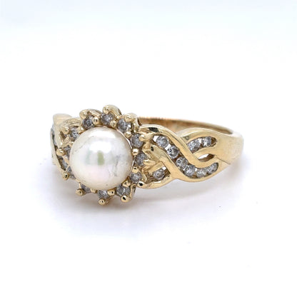 14K Yellow Gold Natural Pearl & Diamond Halo Fashion Ring | Round Akoya Pearl & Round 0.45 TCW, I I1, Size 10