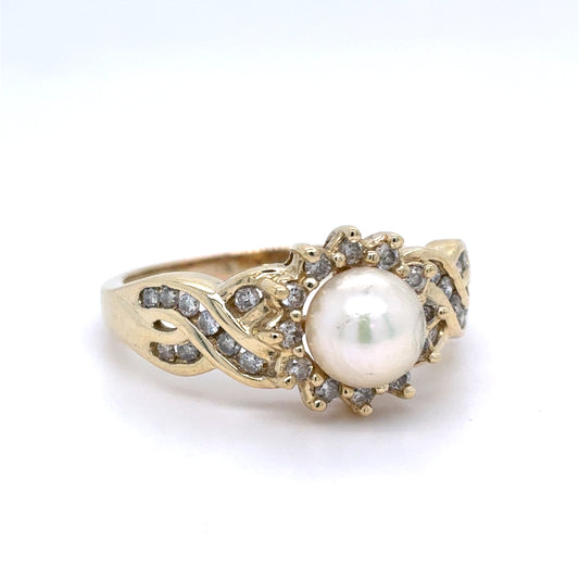 14K Yellow Gold Natural Pearl & Diamond Halo Fashion Ring | Round Akoya Pearl & Round 0.45 TCW, I I1, Size 10