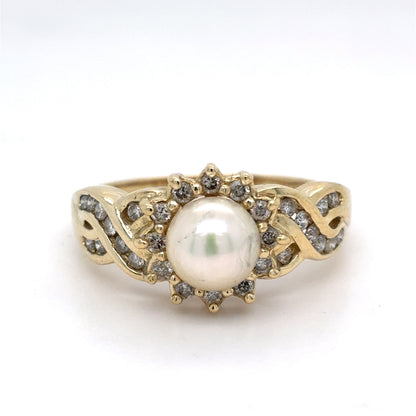 14K Yellow Gold Natural Pearl & Diamond Halo Fashion Ring | Round Akoya Pearl & Round 0.45 TCW, I I1, Size 10
