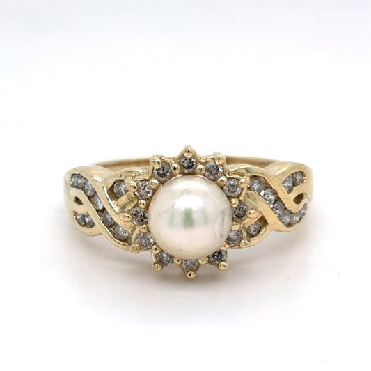 14K Yellow Gold Natural Pearl & Diamond Halo Fashion Ring | Round Akoya Pearl & Round 0.45 TCW, I I1, Size 10