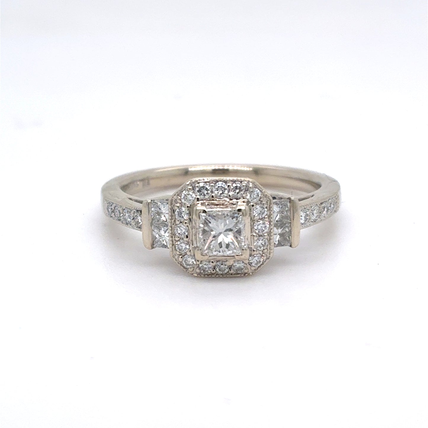 14K White Gold Natural Diamond Princess Cut Halo Engagement Ring | Princess & Round 0.68 TCW, G-H VS2-SI1, Size 7