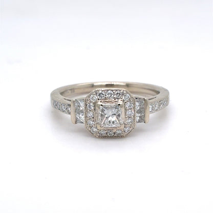 14K White Gold Natural Diamond Princess Cut Halo Engagement Ring | Princess & Round 0.68 TCW, G-H VS2-SI1, Size 7
